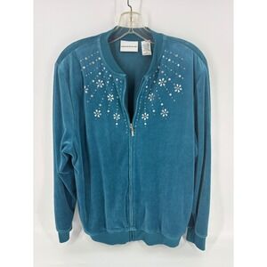 Alfred Dunner Womens Jacket‎ Size 16 Blue Velour Floral Rhinestone Zip Up